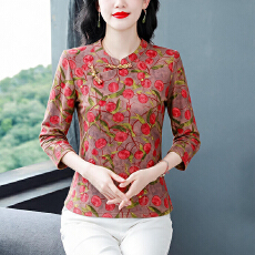 批发新中式立领盘扣打底衫女加厚羚羊绒花卉印花长袖弹力保暖秋冬<b class='q'>上衣</b>