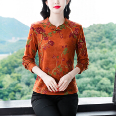 批发新中式立领盘扣<b class='q'>衬衫</b>女<b class='q'>长袖</b>秋冬新款加厚打底小衫复古印花国风上衣