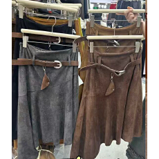 批发十三行质量复古气质麂皮绒<b class='q'>不规则</b>显瘦<b class='q'>半身裙</b>(配腰带)