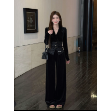 批发雾中芭蕾V领丝绒拼接纽扣显瘦上衣直筒加绒<b class='q'>裤</b><b class='q'>套装</b>