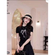 亮片蝴蝶结显瘦黑色短袖上衣十层叠荷叶边显瘦大摆半身裙