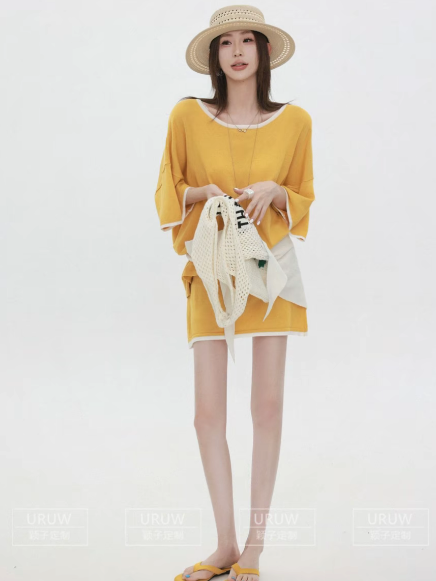 꽃 도시 비밀 상황 느긋한 바람 루즈핏 배색 반팔 티셔츠 캐주얼 바람 한 마디 하이웨이스트 미니 스커트