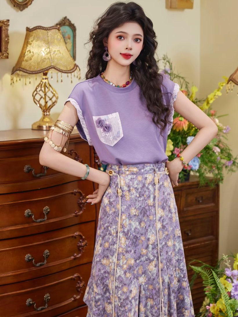 레트로 항구 바람 연령 감소 티셔츠 외국 가스 다용도 꽃 라운드 넥 반팔 10 반 스커트