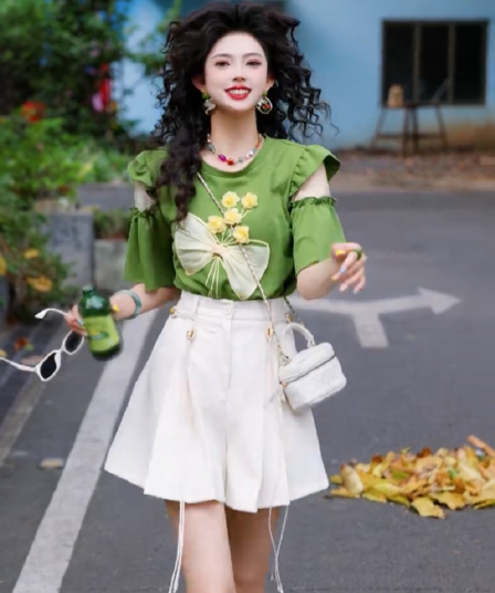 오프숄더 새로운 프릴 맨위 여름 활력 연령 감소 다용도 티셔츠 10 바지 재고 있음