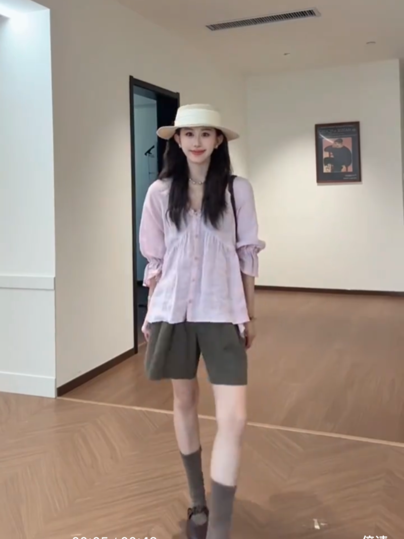 부드러운 바람 루즈핏 V넥 얇은 스타일 셔츠 맨위 하이웨이스트 슬림해 보이는 넓은 다리가 짧다. 바지