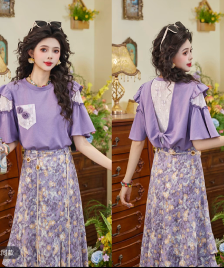 芋 진흙 꿈 레트로 항구 바람 여름 다용도 꽃 라운드 넥 반팔 티셔츠