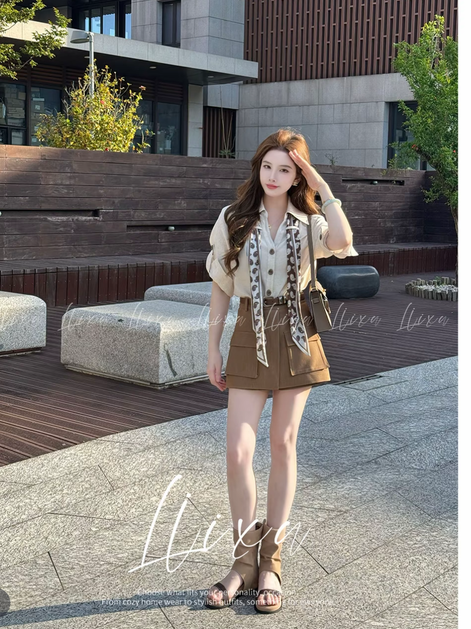 여름 새로운 디자인 센스 폴로 칼라 셔츠 코디 하이웨이스트 워크웨어 반바지 세트