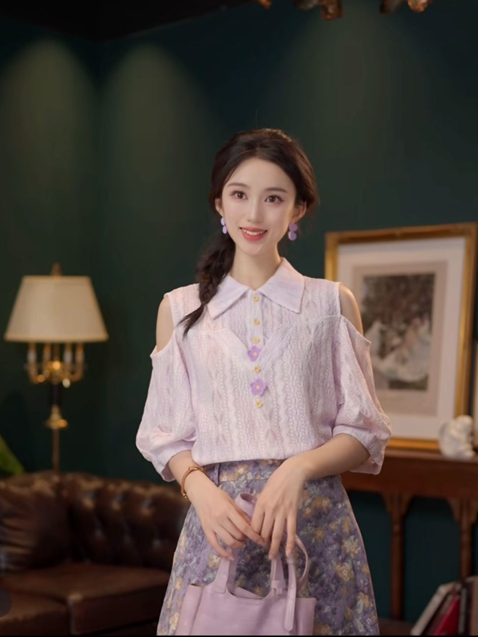 사쿠라 보기 보라색 부드러운 셔츠 캐주얼 다용도 반팔 여성 셔츠 여름 맨위 세트