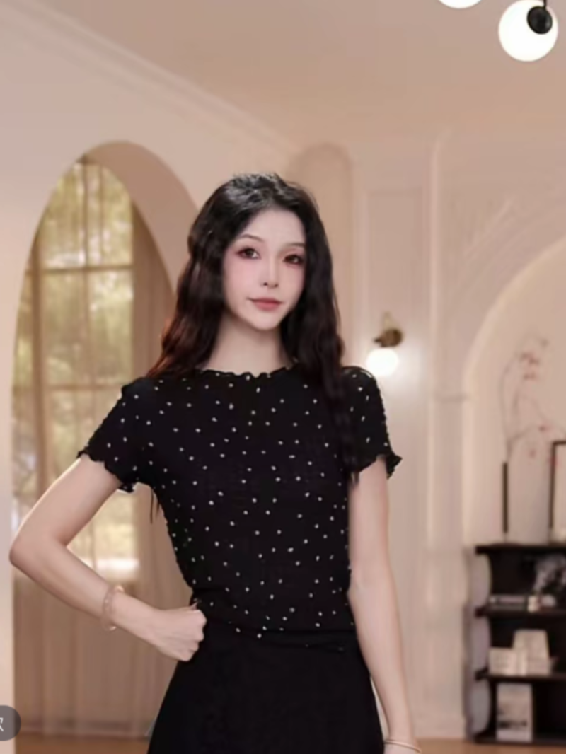 여름 작은 대중 디자인 센스 도트 무늬 레이스 반팔 t 셔츠 세트