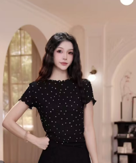 여름 작은 대중 디자인 센스 도트 무늬 레이스 반팔 t 셔츠 세트