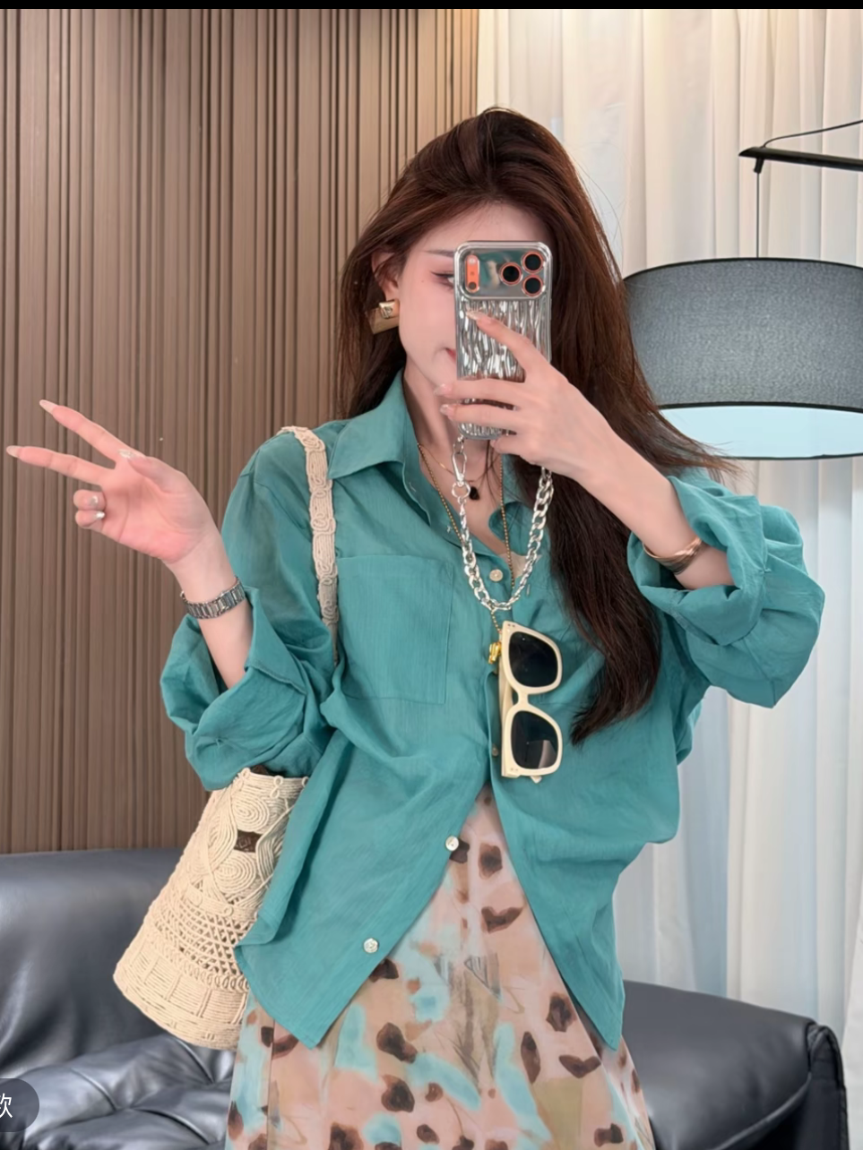 9880 선적 중 여름 새로운 고급 센스 루즈핏 프랑스식 빛 요리 한 센스 캐주얼 바람 라미 셔츠 세트