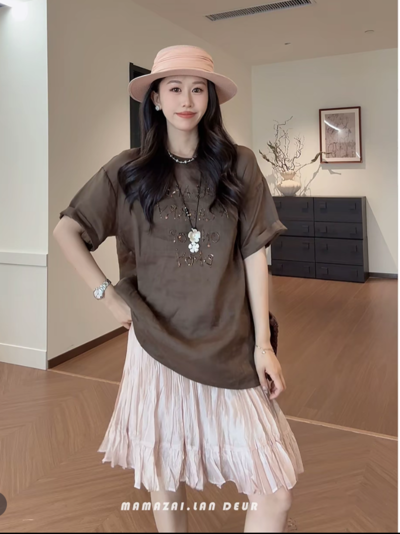 재고 있음 100 라미 느슨함 센스 슬림해 보이는 프린트 라운드 넥 반팔 티셔츠 여성 다용도 연령 감소 세트