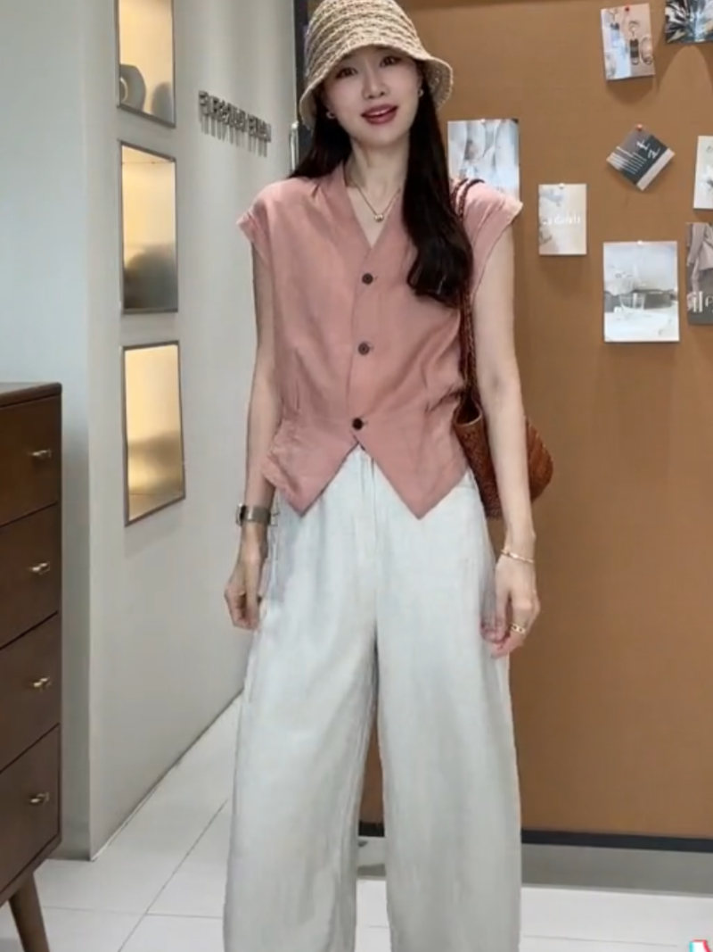 골드 샤 징 직접 만든 여성 의류 라미 셔츠 여름 V넥 캐주얼 셔츠 작은 열림 셔츠 세트