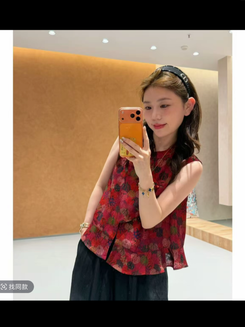여름 새로운 단추 자카드 레트로 프릴 민소매 작은 셔츠 10 아세트산 바지 허리밴드 바지