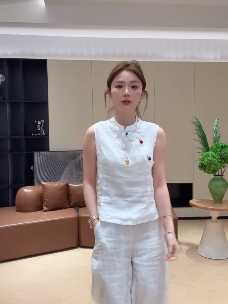 마 재료 여름 색상 단추 민소매 품격 스탠드 칼라 작은 셔츠 패션 중식 맨위 다용도 세트