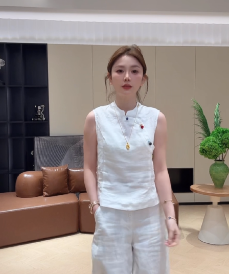 마 재료 여름 색상 단추 민소매 품격 스탠드 칼라 작은 셔츠 패션 중식 맨위 다용도 세트