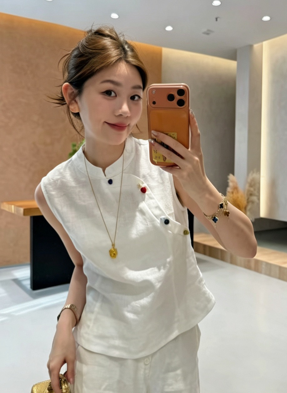 마 재료 여름 색상 단추 민소매 품격 스탠드 칼라 작은 셔츠 패션 중식 맨위 다용도 세트