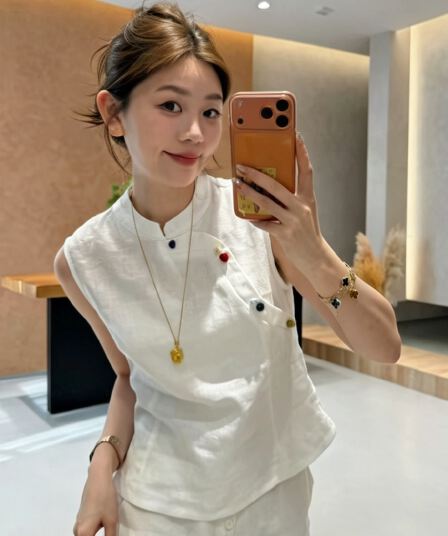 마 재료 여름 색상 단추 민소매 품격 스탠드 칼라 작은 셔츠 패션 중식 맨위 다용도 세트