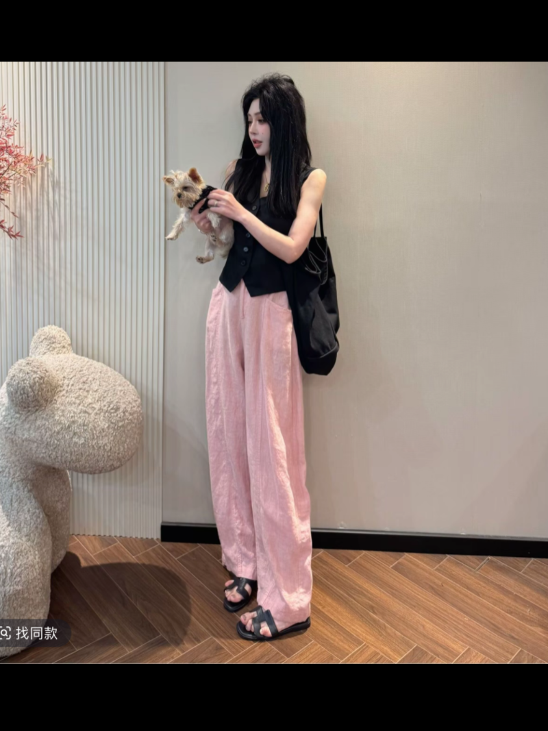 레트로 문예 V넥 민소매 정장 슬림해 보이는 다용도 조끼 맨위 허리밴드 캐주얼 넓은 다리 세트
