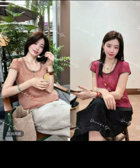 라미 편안함 패션 슬림해 보이는 패치워크 품격 반팔 맨위 세트 선적 중