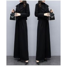 批发冬季新款小香风毛呢两件裤套<b class='q'>女</b>装时尚气质黑色休闲阔腿裤<b class='q'>西装</b>套装