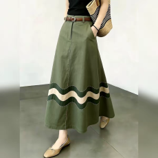批发韩版条纹拼接半身裙女通勤A字长裙显瘦温柔风绿色女装2026夏新款