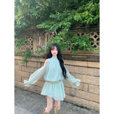 批发SereneEase薄荷绿飘带雪纺度假风莱赛尔<b class='q'>连衣裙</b>夏季新款露肩短裙