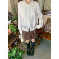 批发ONEOFUUU 小个子 雪纱白 <b class='q'>甜美</b>翻领蕾丝拼接衬衫独特漂亮早秋上衣