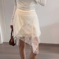 批发KUBERAS 短款设计感不规则蕾丝拼接<b class='q'>雪纺</b><b class='q'>半身裙</b>高级感小众A字短裙