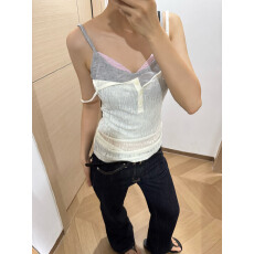 批发3RD 设计感叠领蝙蝠袖微透亚麻针织罩衫设计感假三件拼色针织吊带