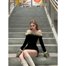 批发Gods plan*上帝计划原创毛毛领斜肩修身显瘦长袖打底衫辣妹女上衣