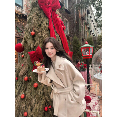 批发QDQD 通勤感气质毛呢外套<b class='q'>秋</b>冬系带收腰显瘦中长款双排扣加棉大衣