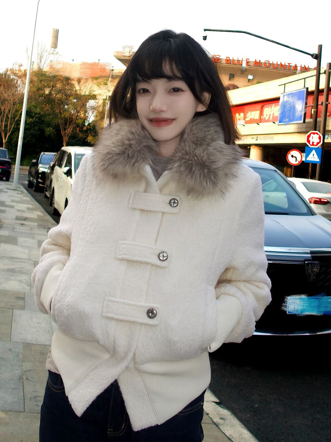 soote season 오리지널 우유 화이트 70 양모 패치워크 모직 두꺼운 쇼트 스타일 모피 칼라 다운 외투