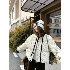 乌77韩系减龄撞色蝴蝶结系带波点棉服女冬小个子加厚保暖短款外套