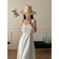 批发板栗可可Bankelili 落日长裙蕾丝荷叶边A字收腰显瘦连衣裙女