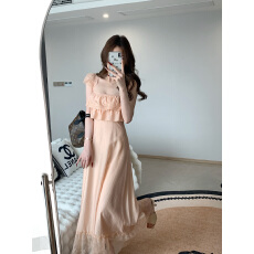 批发板栗可可Bankelili 落日长裙蕾丝荷叶边A字收腰显瘦连衣裙女