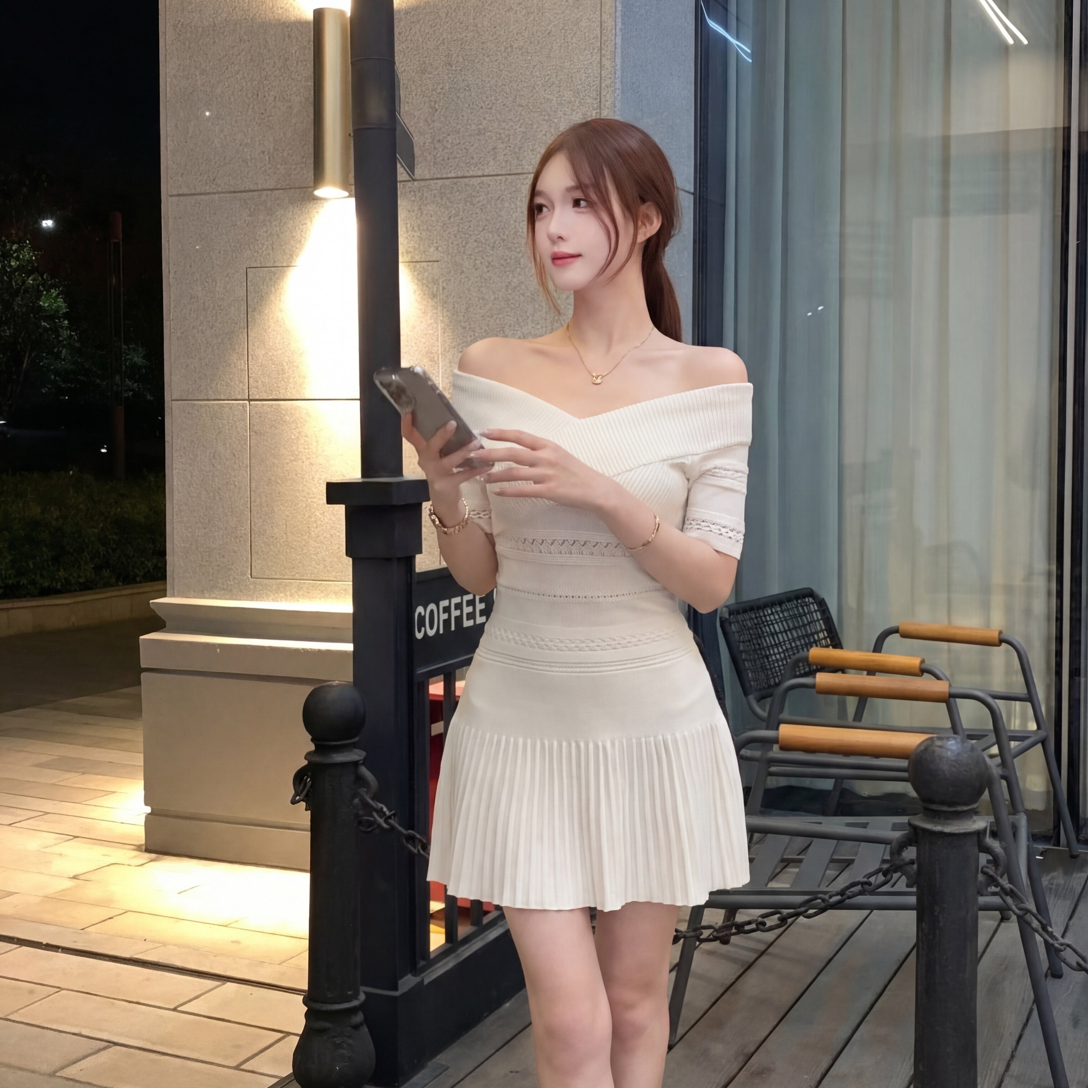 okmashop 여름 작은 흰색 꽃 니트 세트 여성 봄 여름 오프숄더 맨위 플리츠 스커트 투피스 세트