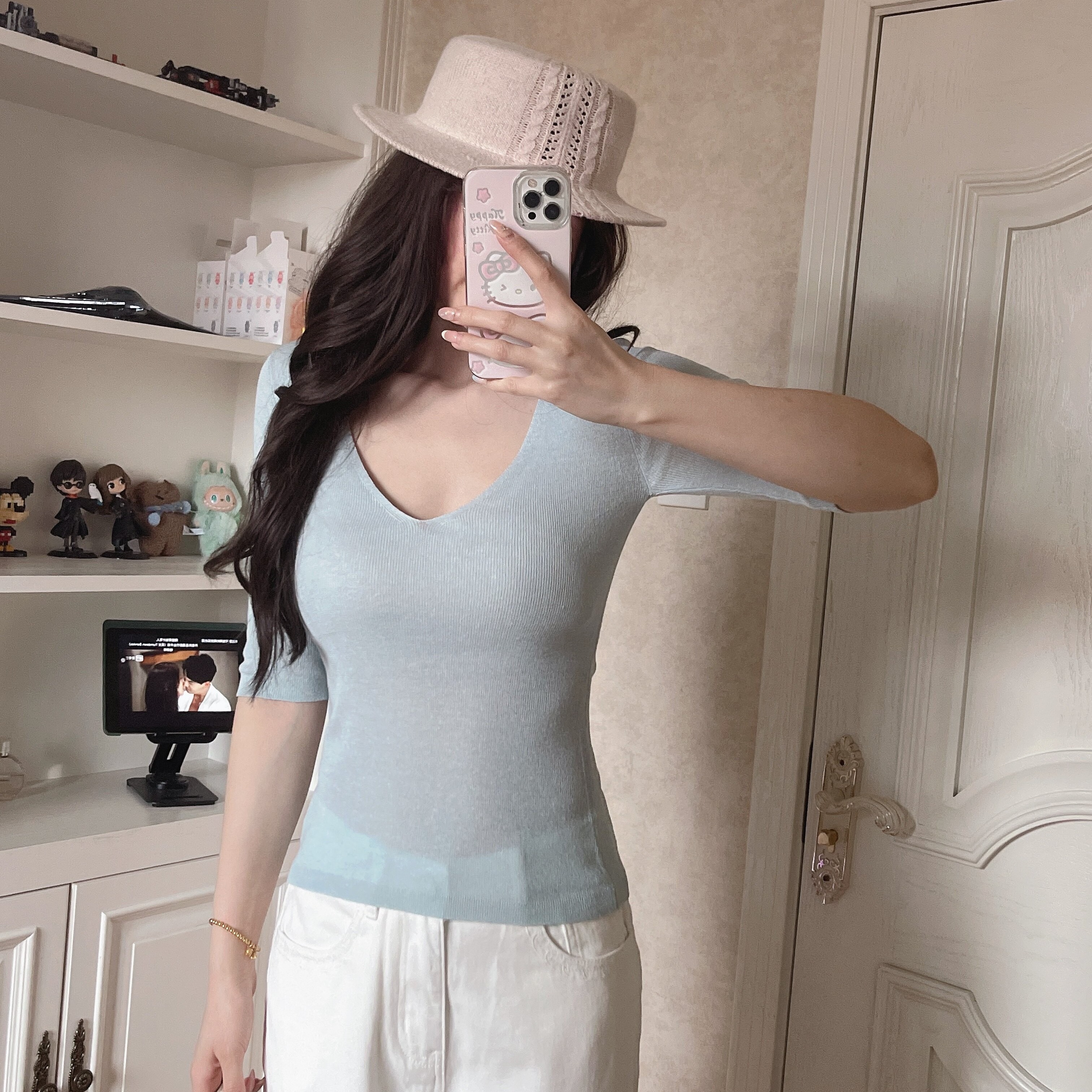 jmshop 부드러운 보이는 순수한 욕망 섹시함 V넥 주간 실크 아마 니트 티셔츠 여성 부드러운 찹쌀 다용도 슬림해 보이는 맨위