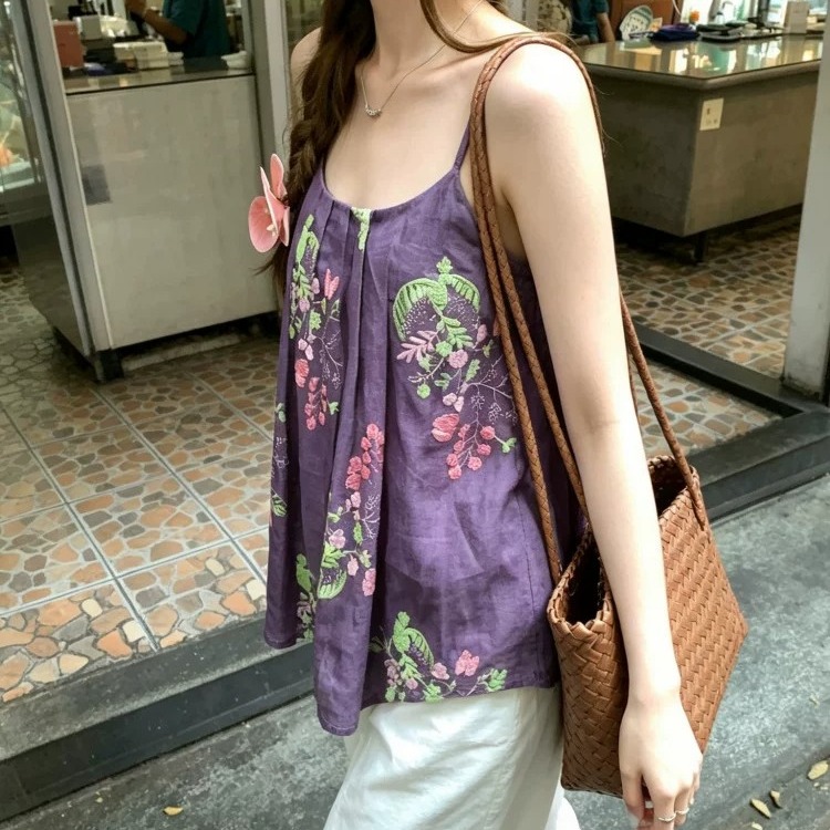 im ~까지 안개 염색 꽃 와일드 100 라미 자수 민소매 슬립 맨위 비즈 핀치 Pleat 한 마디 루즈핏 한 부서 작은 셔츠