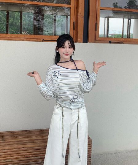 cotre 오프숄더 불가사리 tee 해풍 블루 높음 비율 라이 경기 서울 부드러운 찹쌀 배트윙 소매 스트라이프 티셔츠