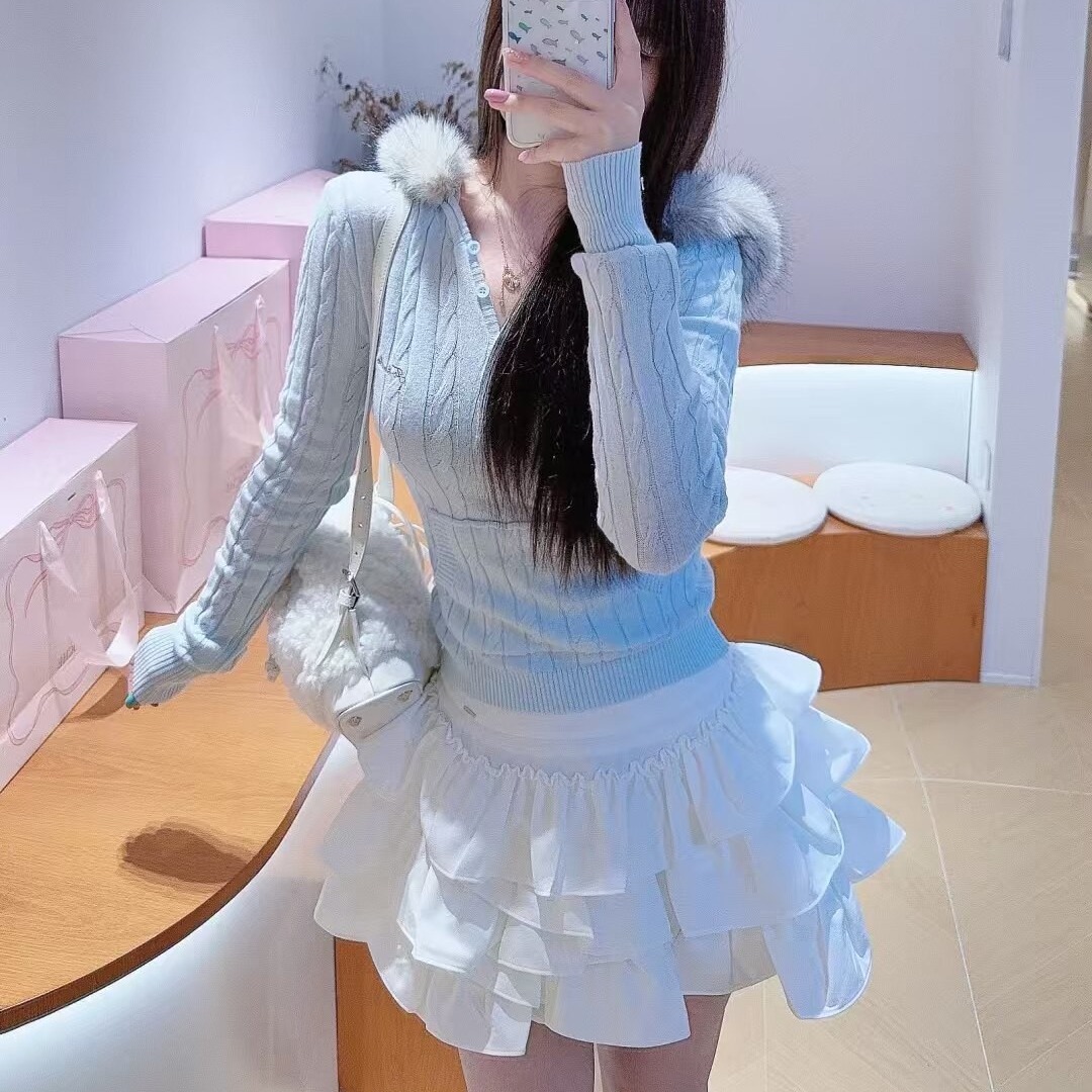 첸 친 얀 같은 단락 kroche 26ss 불규칙 케이크 퍼프 한 마디 쇼트 스타일 하이웨이스트 구름 화이트 반신 스커트