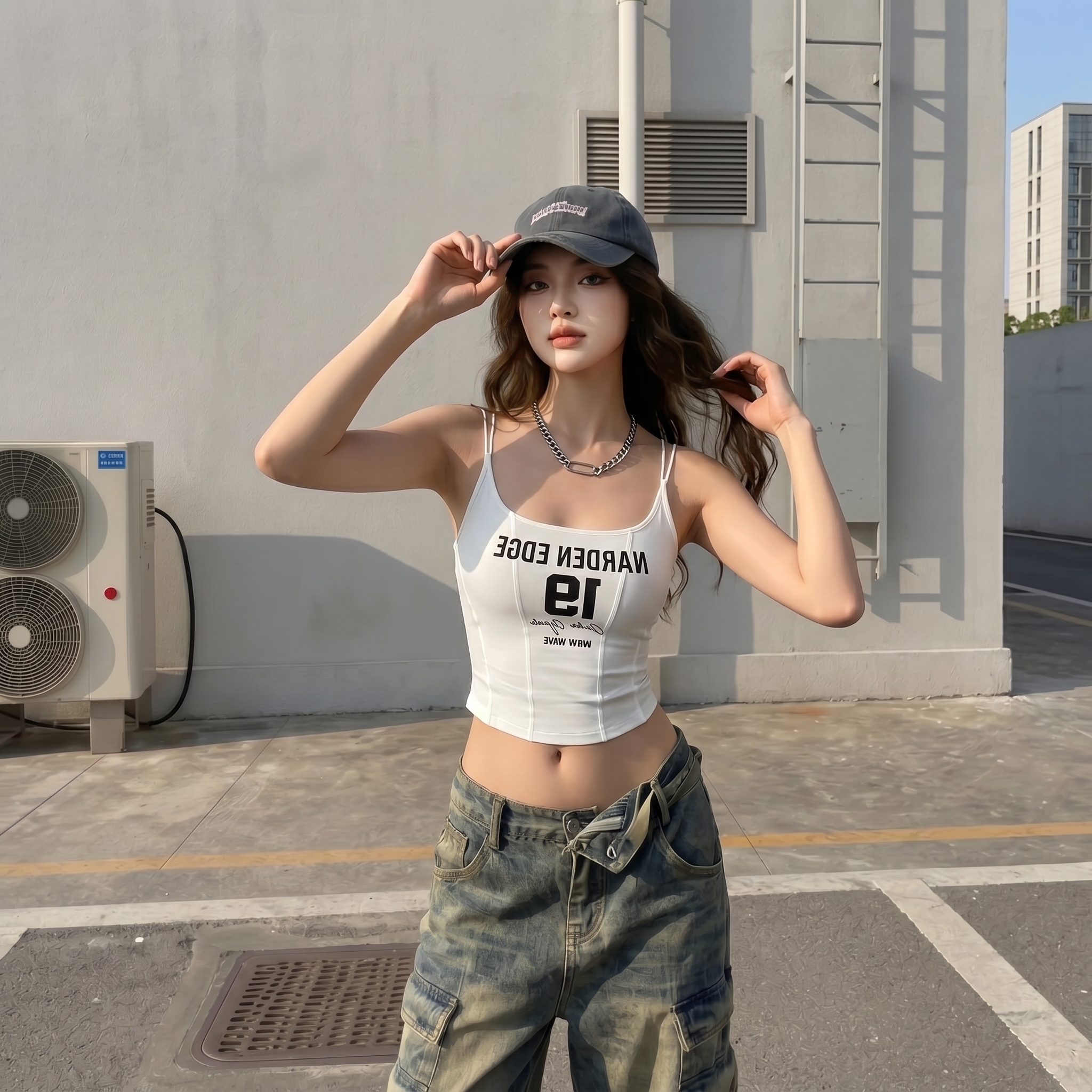 한 좋은 달콤한 warden edge 깨진 국 행동 화이트 프린트 캐미솔 몸매 가꾸기 슬림해 보이는 외출용 맨위