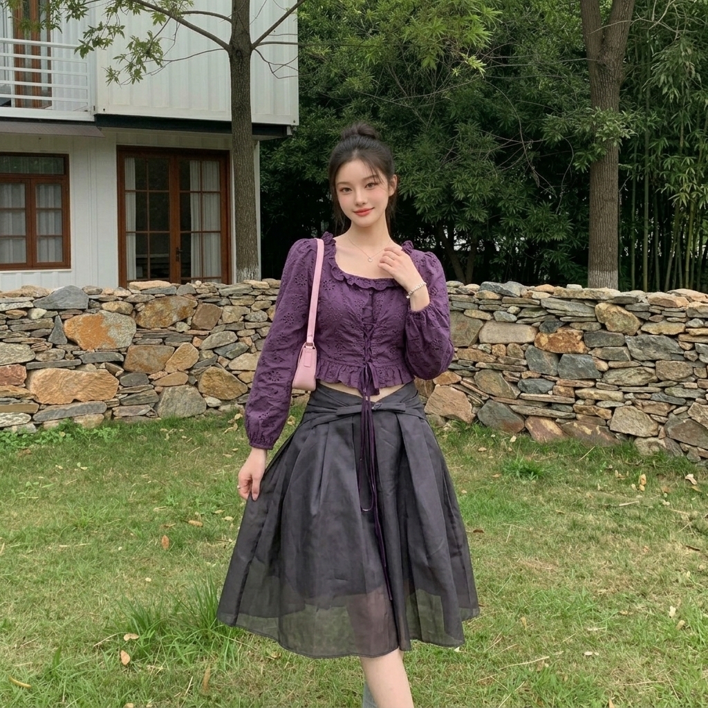 toroon 지아 지아 매장 정품 한 부서 보라색 레이스 레이스업 여성 셔츠 2026 여름 쇼트 스타일 하이웨이스트 맨위