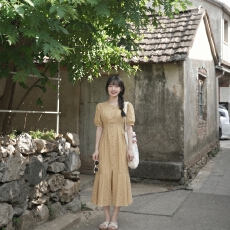 ZHUYIYI波点泡泡袖法式连衣裙女夏V领收腰显瘦气质开叉鱼尾碎花裙
