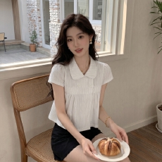 批发umoumo乌蘑夏季甜美慵懒娃娃领双排扣<b class='q'>条纹</b>衬衫宽松显瘦文艺小衫