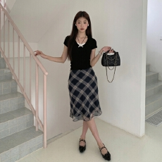 批发Alkaidy 浪漫度假<b class='q'>复古</b>纯欲美式辣妹百搭低腰中长格纹鱼尾半裙