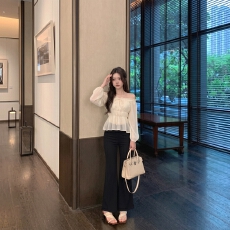 批发Fart Shop清冽水生调 米杏色一字肩木耳边<b class='q'>雪纺</b>衫女春夏短上衣