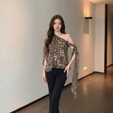 批发ANDYET AD1豹纹斜肩斗篷<b class='q'>雪纺上衣</b>夏宽松美式辣妹衬衫显瘦飘带背心