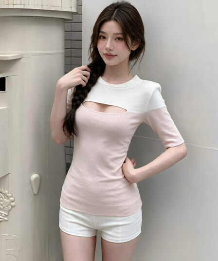 qiauuu 분말 틈 아름다움 욕망 한 여성 분위기 센스 포지셔닝 홀로우 아웃 화이트 싸움 분말 몸매 가꾸기 니트 반팔 맨위 여성