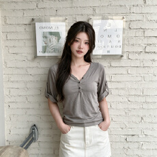 批发VNOOK 天丝棉短袖<b class='q'>T</b><b class='q'>恤</b>女夏季V领半开襟卷边显瘦气质韩系<b class='q'>七分袖</b>上衣